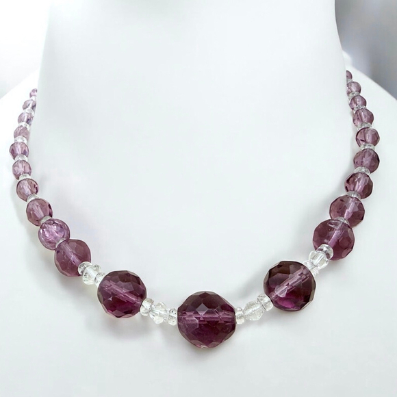 Vintage Jewelry - Vintage Czech Amethyst Glass Necklace, Faceted Purple Beads, Art Deco Bohemian